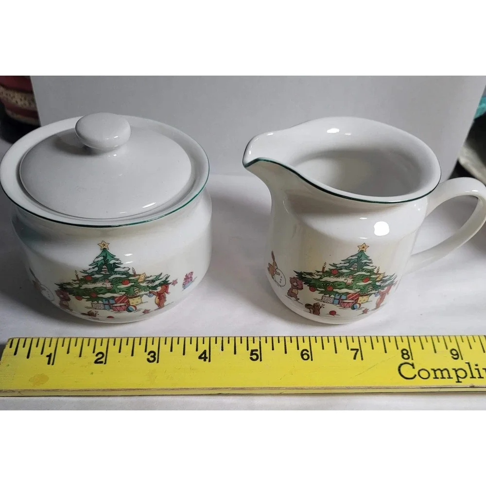 Salem China Whimsical Christmas Creamer & Sugar Set Holiday Tree Animals Ceramic
